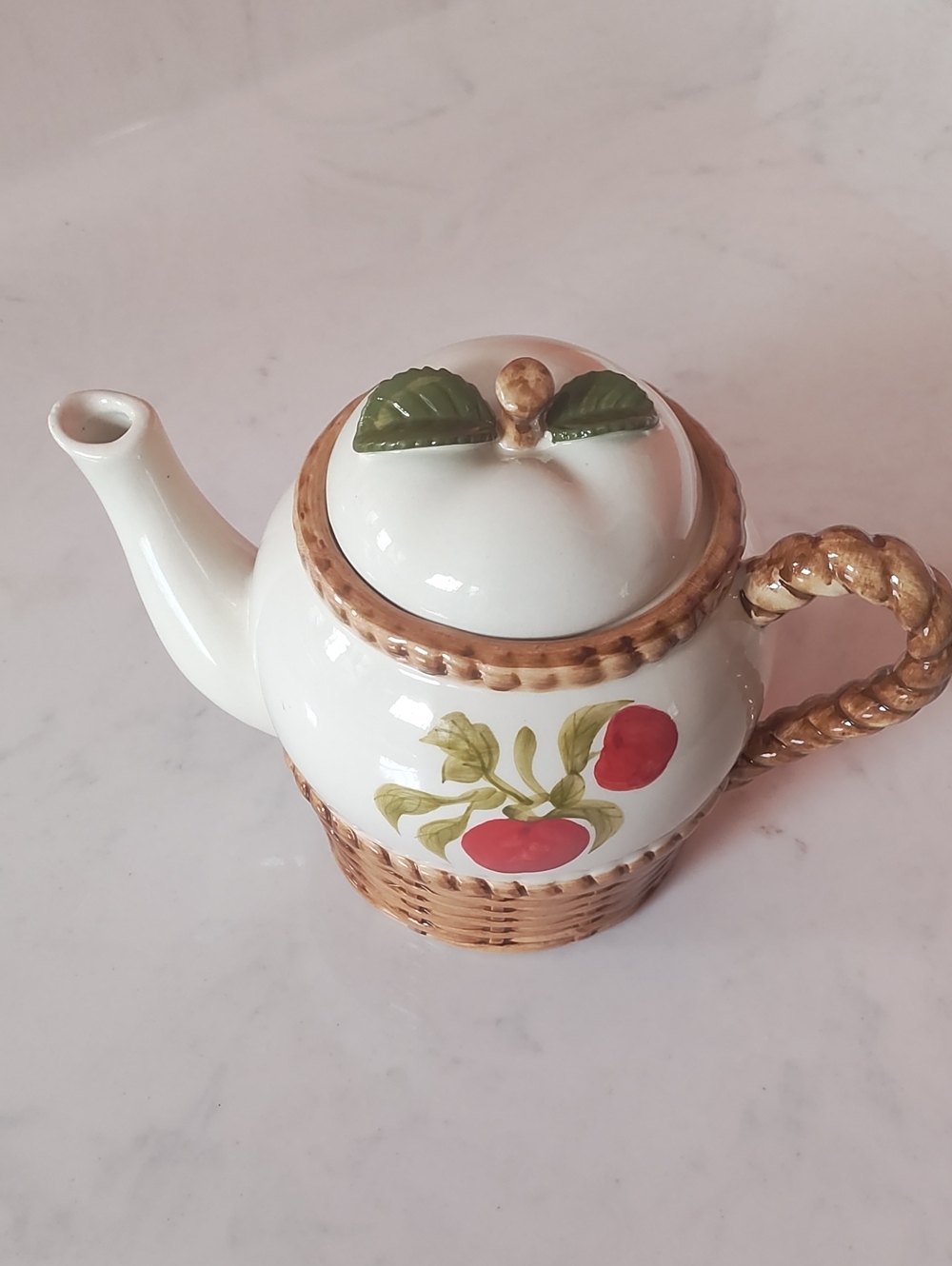 Fruit Motif Ceramic Teapot with Wicker Detail - Red Fruit & Green Leaf
